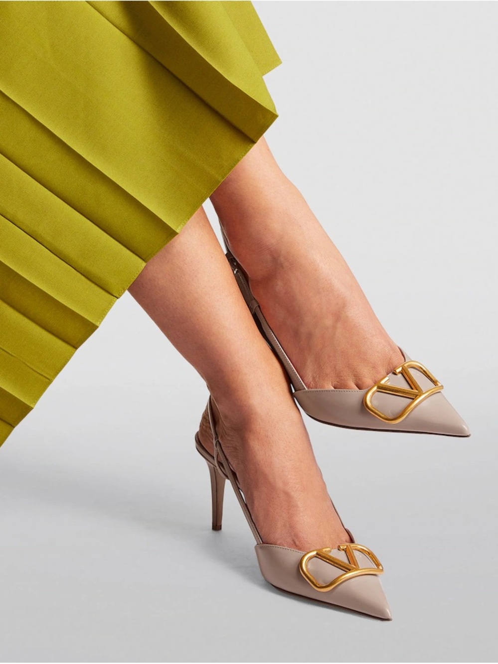 Valentino Garavani Nude Pointed Slingback Heels with Logo Buckle